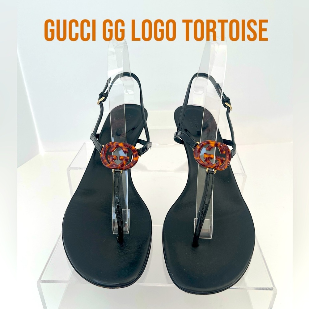 Gucci GG Logo Tortoise Shell Black Kitten Heels Strappy T Strap Sandals Size 9